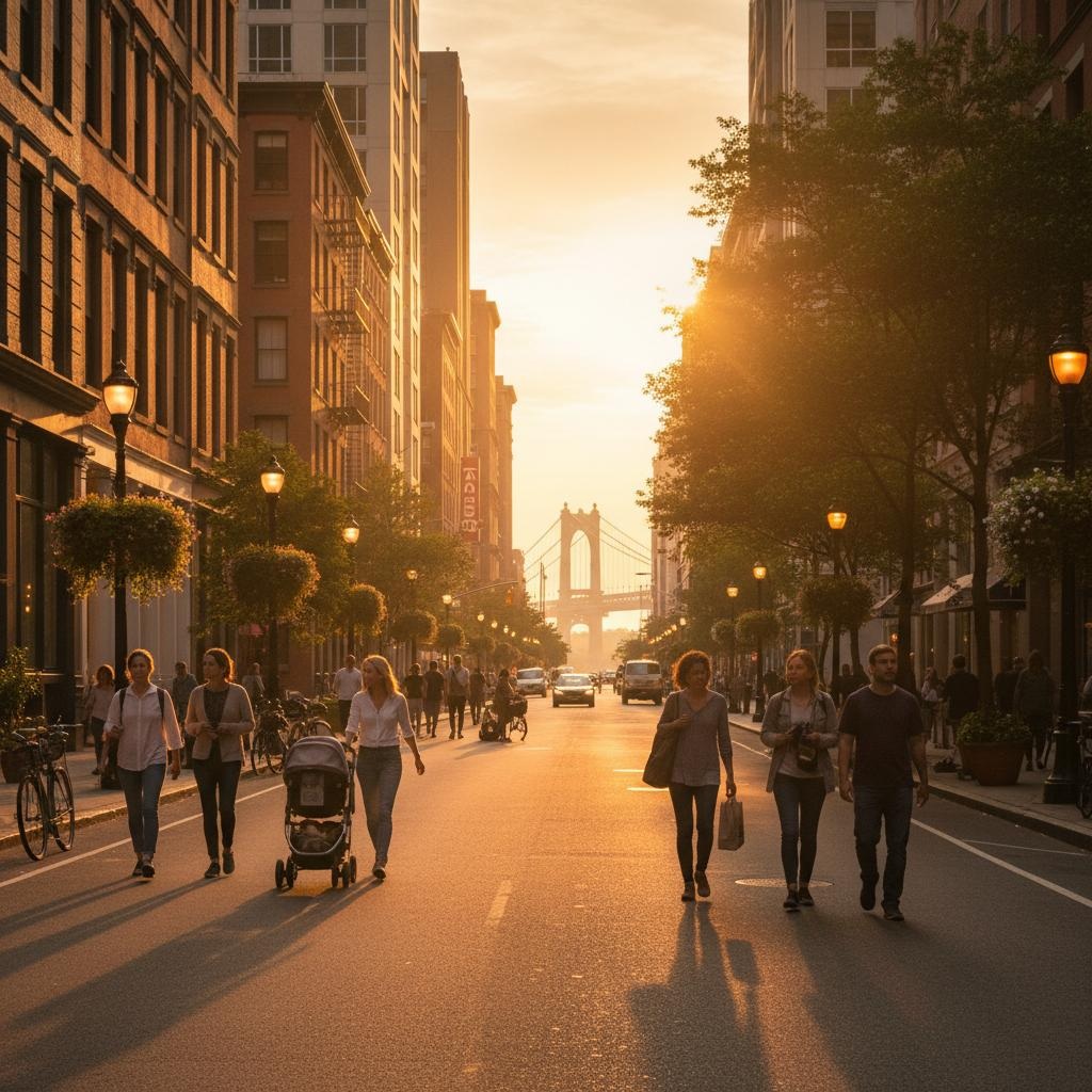 Peaceful city street evening walk